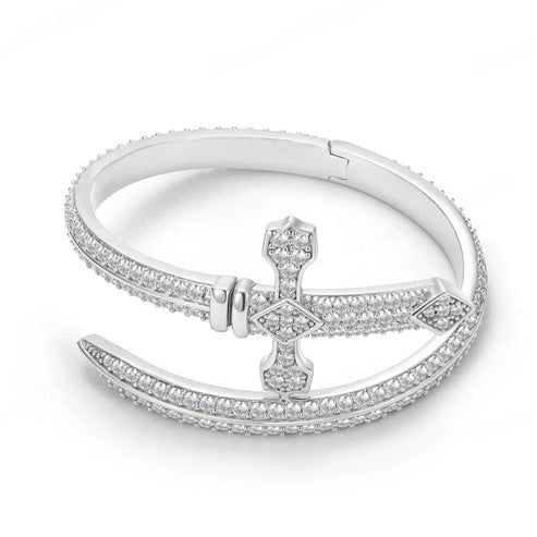 Sterling Silver VVS Moissanite Yellow Gold Plated Iced Out Cross Bangle