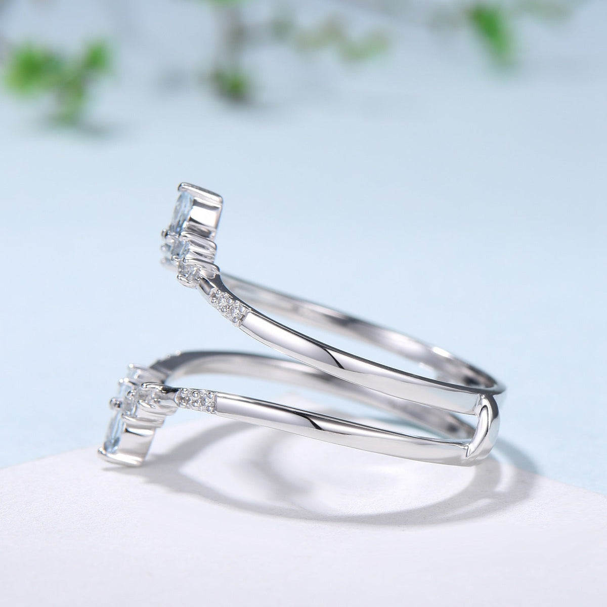 Aquamarine Curved Wedding Band Enhancer, White Gold Nesting Ring Jacket