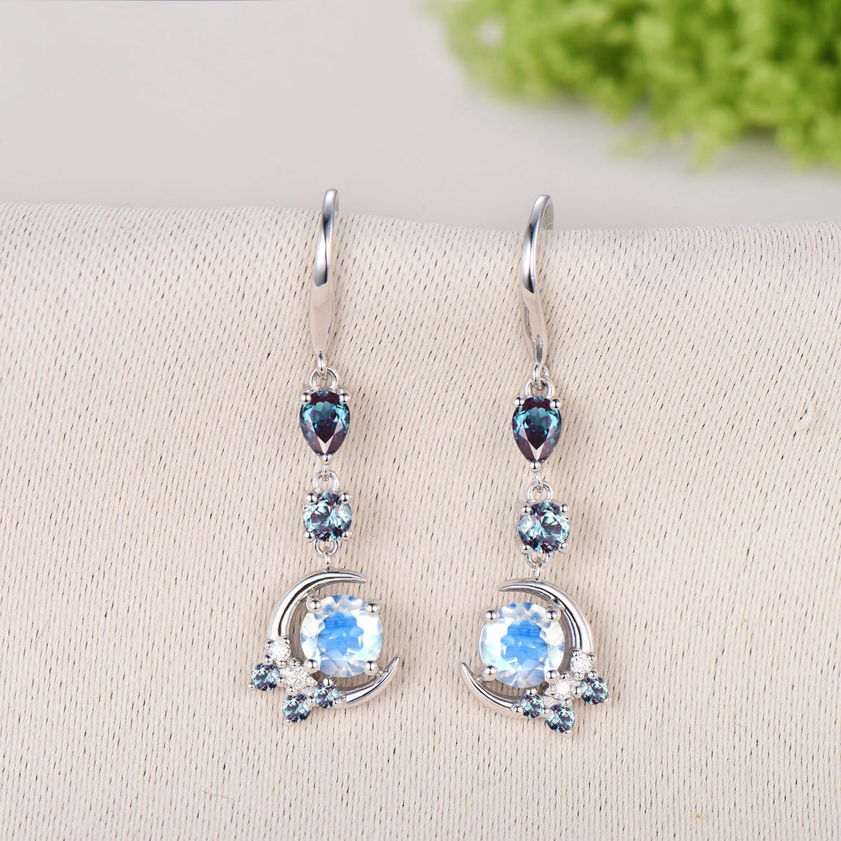 5mm Round Cut Natural Moonstone Earrings for Women, Crescent Moon Alexandrite Moonstone Earrings, June Birthstone Jewelry