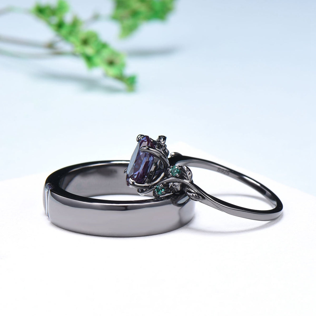 Couples ring set 14k black gold alexandrite wedding rings set twig ring men and women His Hers engagement ring nature inspired Promise gift