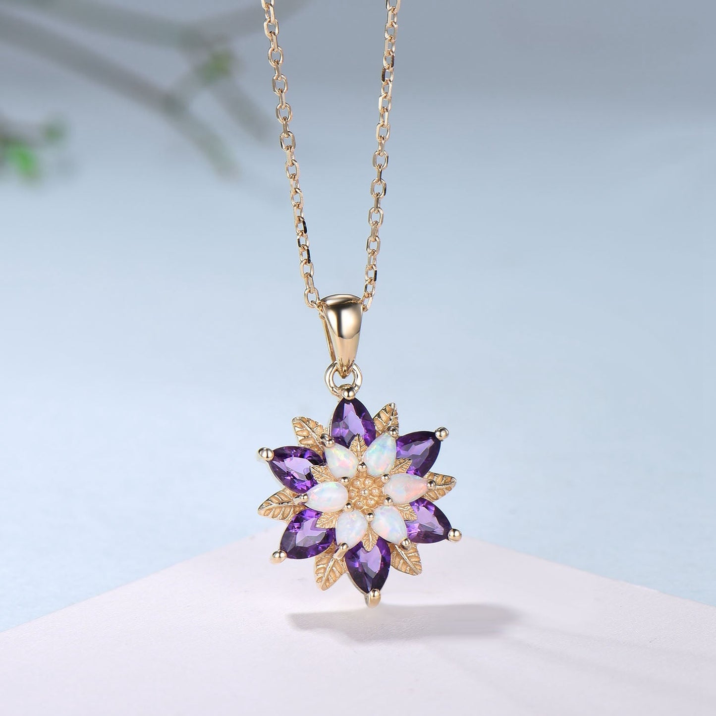 Unique Sunflower White Opal Amethyst Necklace Elegant Natural Inspired Double Halo Floral Pendant Leaf Vine Anniversary Promise Gift