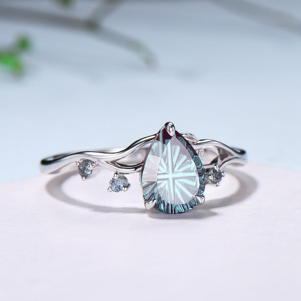 Leaf Vine Pear Shaped Starbrite Cut Alexandrite Engagement Ring Nature Inspired Twig White Gold Ring