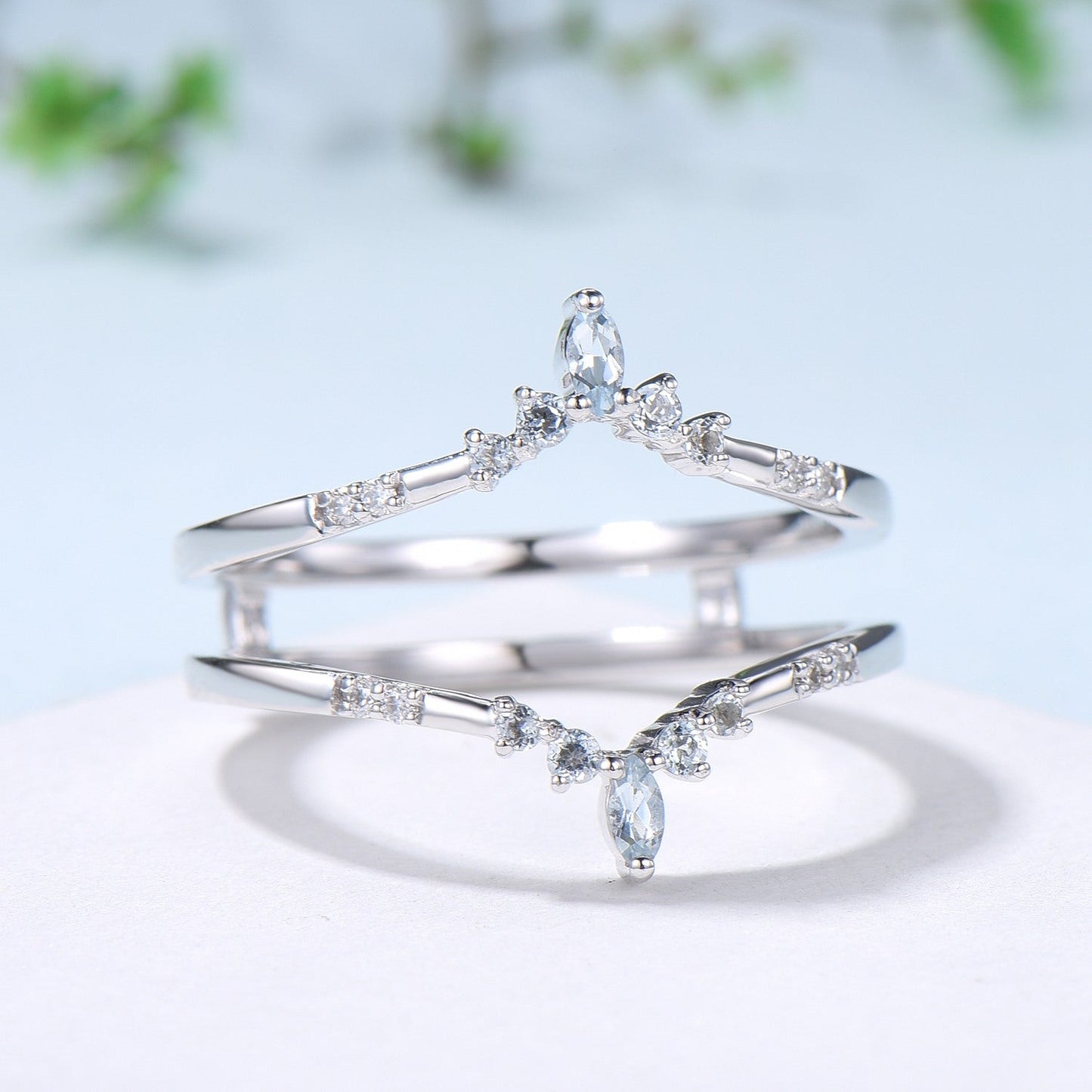 Aquamarine Curved Wedding Band Enhancer, White Gold Nesting Ring Jacket