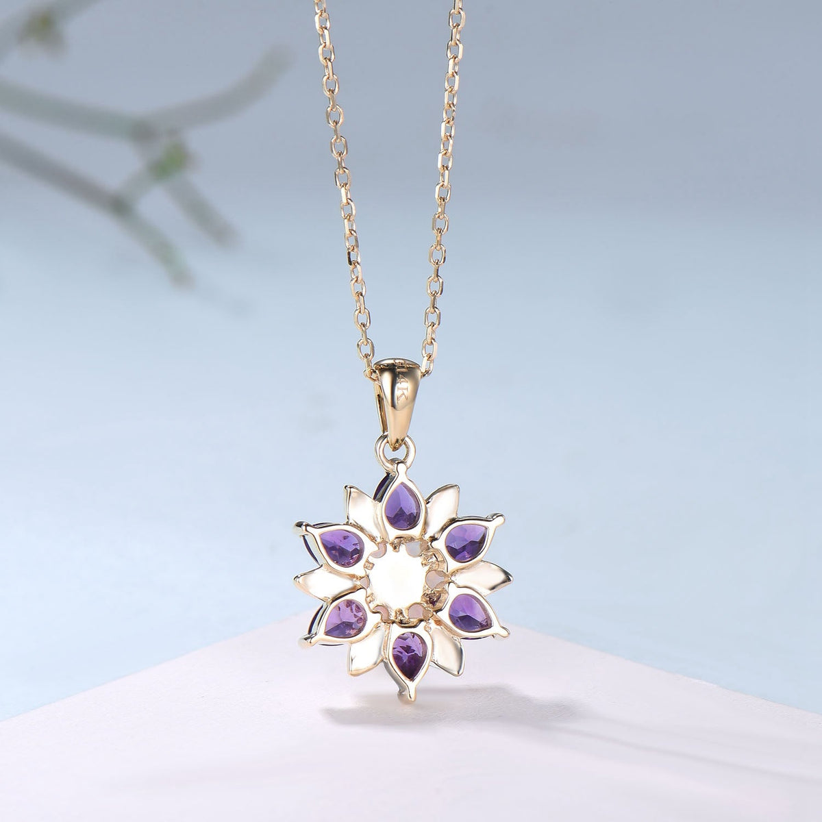 Unique Sunflower White Opal Amethyst Necklace Elegant Natural Inspired Double Halo Floral Pendant Leaf Vine Anniversary Promise Gift