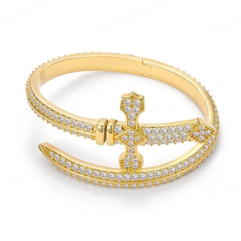 Sterling Silver VVS Moissanite Yellow Gold Plated Iced Out Cross Bangle