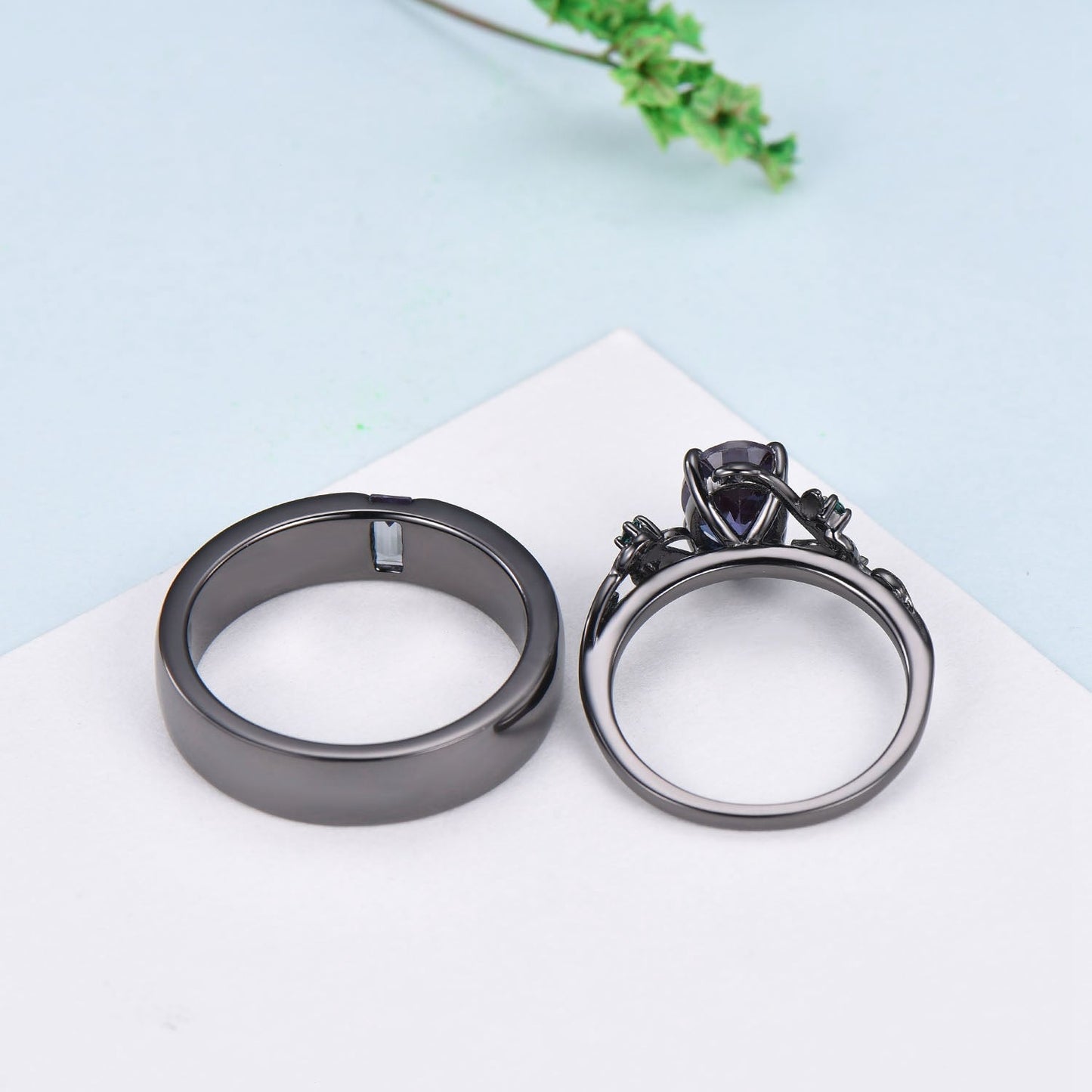Couples ring set 14k black gold alexandrite wedding rings set twig ring men and women His Hers engagement ring nature inspired Promise gift
