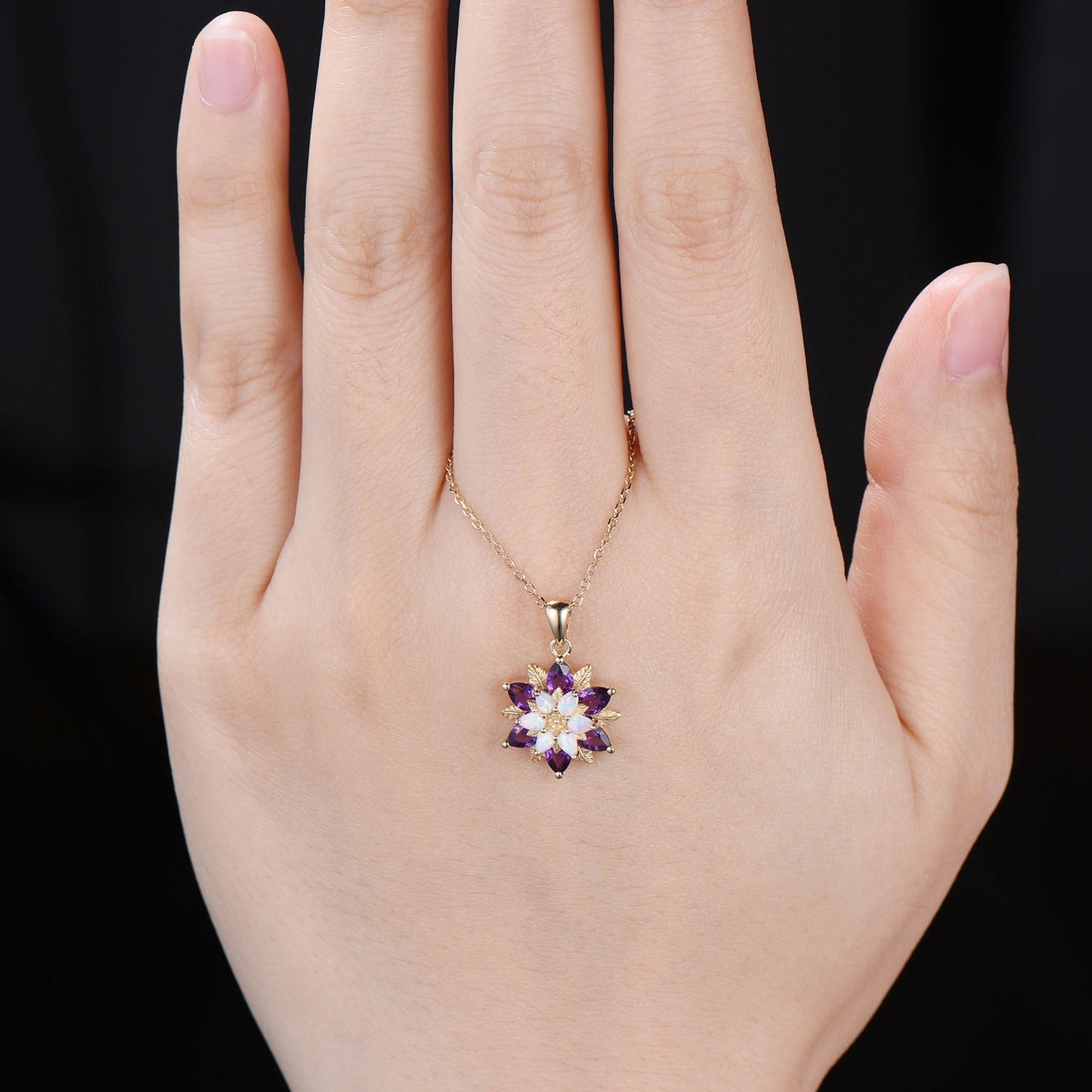Unique Sunflower White Opal Amethyst Necklace Elegant Natural Inspired Double Halo Floral Pendant Leaf Vine Anniversary Promise Gift