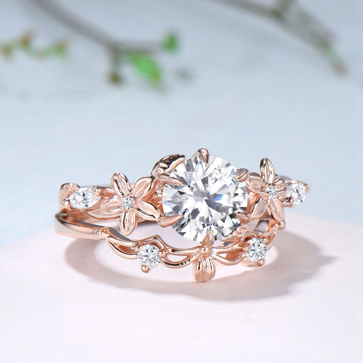 Unique 1 Carat Round Brilliant Lab Grown Diamond Ring Flower Moissanite Engagement Ring Rose Gold Bridal Nature Inspired Wedding Bridal Set