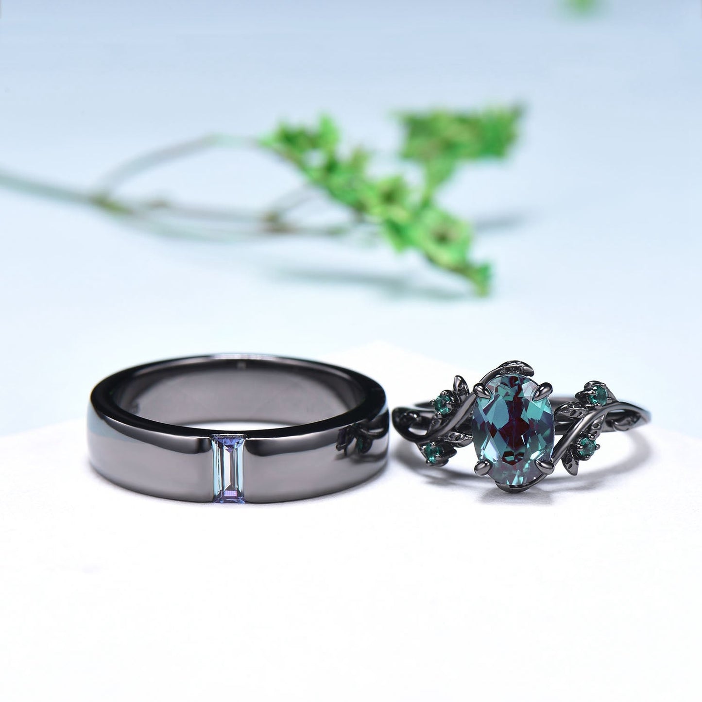 Couples ring set 14k black gold alexandrite wedding rings set twig ring men and women His Hers engagement ring nature inspired Promise gift