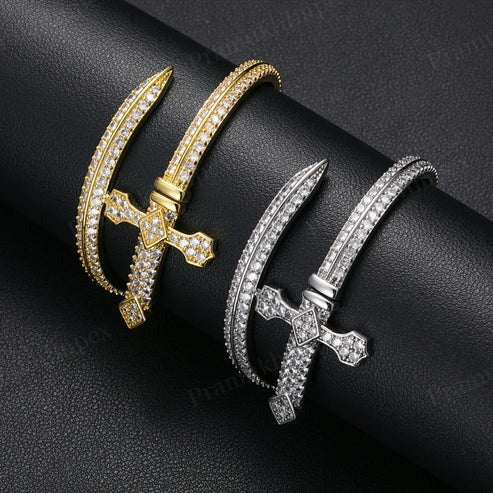 Sterling Silver VVS Moissanite Yellow Gold Plated Iced Out Cross Bangle
