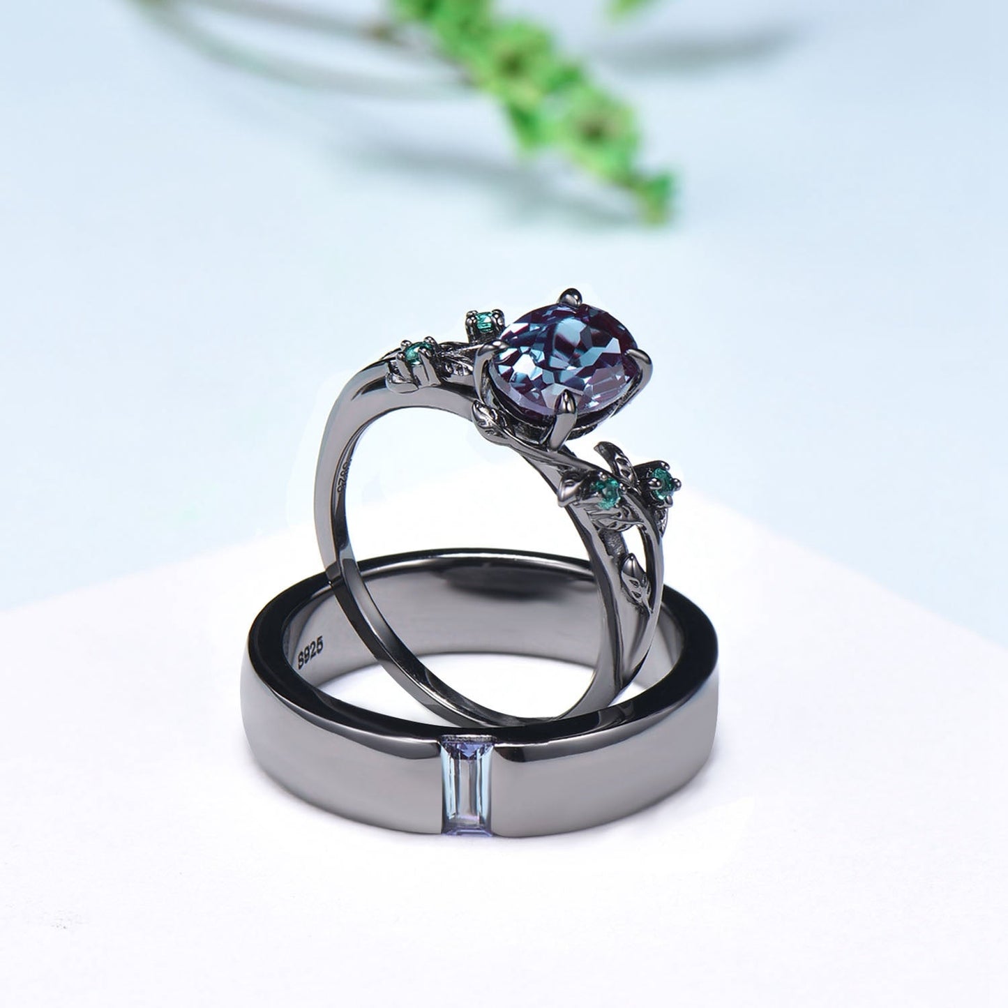Couples ring set 14k black gold alexandrite wedding rings set twig ring men and women His Hers engagement ring nature inspired Promise gift