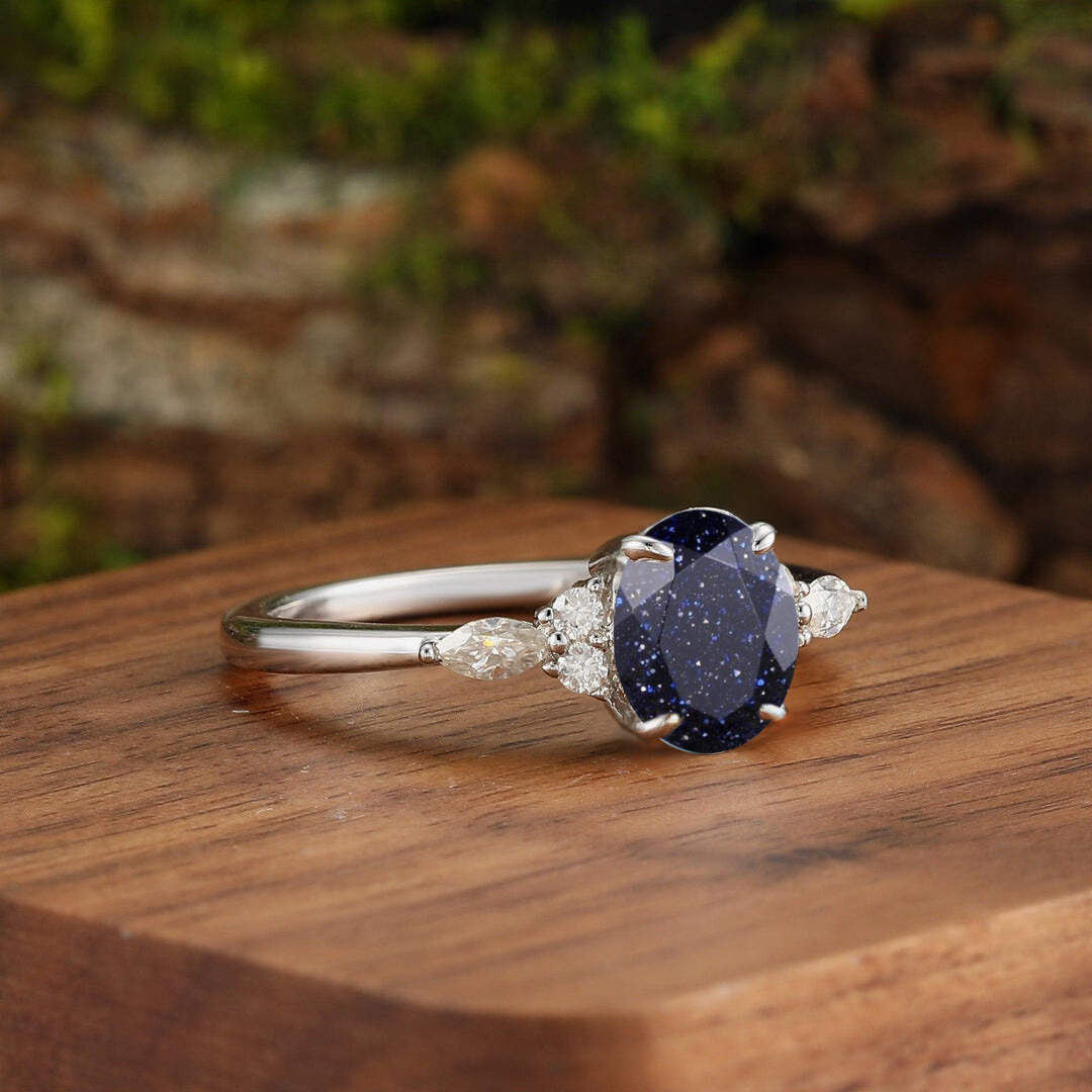 Custom Order - Exquisite Oval Blue Sandstone Accents Engagement Couples Ring Set His And Hers Wedding Bands Marriage Rings
