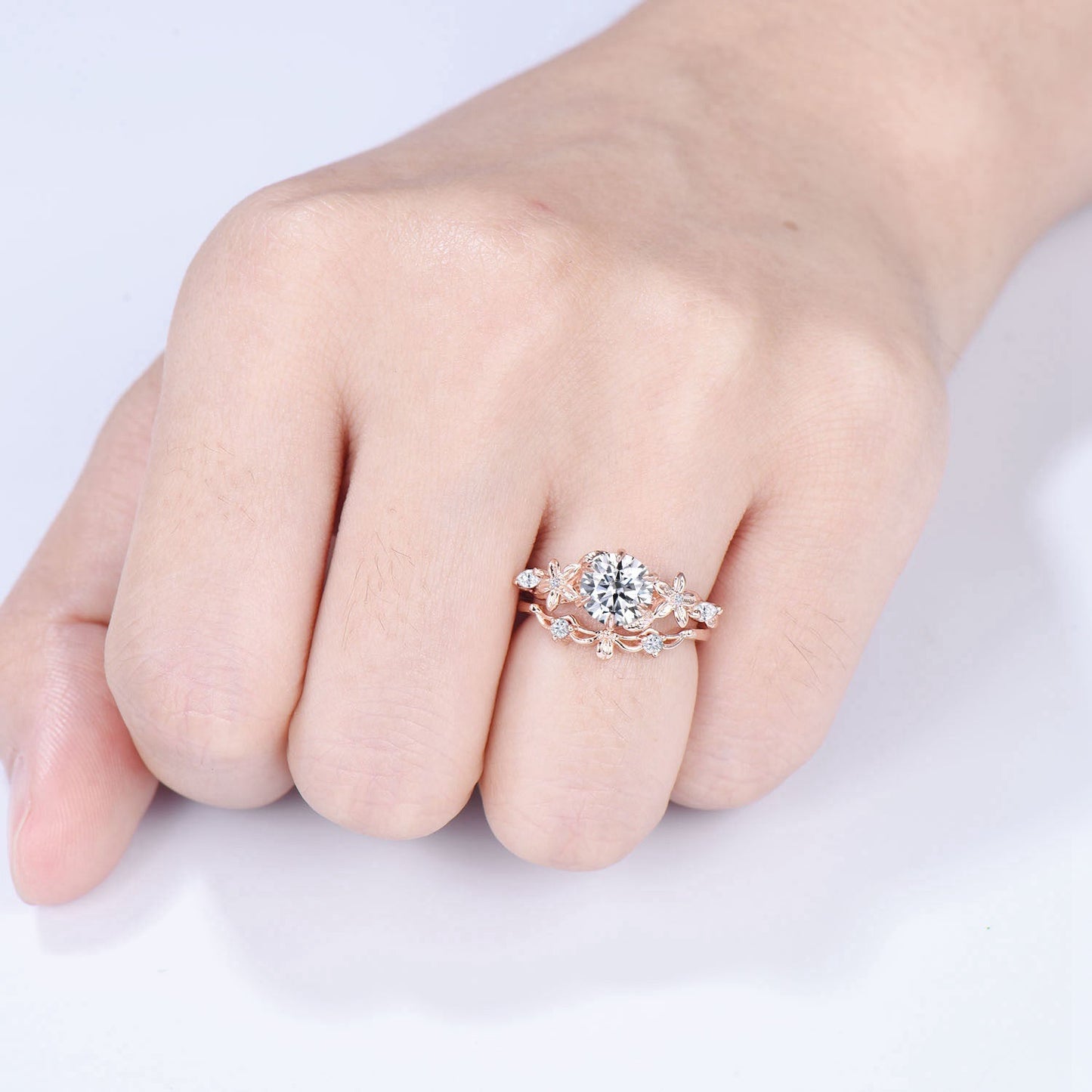 Unique 1 Carat Round Brilliant Lab Grown Diamond Ring Flower Moissanite Engagement Ring Rose Gold Bridal Nature Inspired Wedding Bridal Set