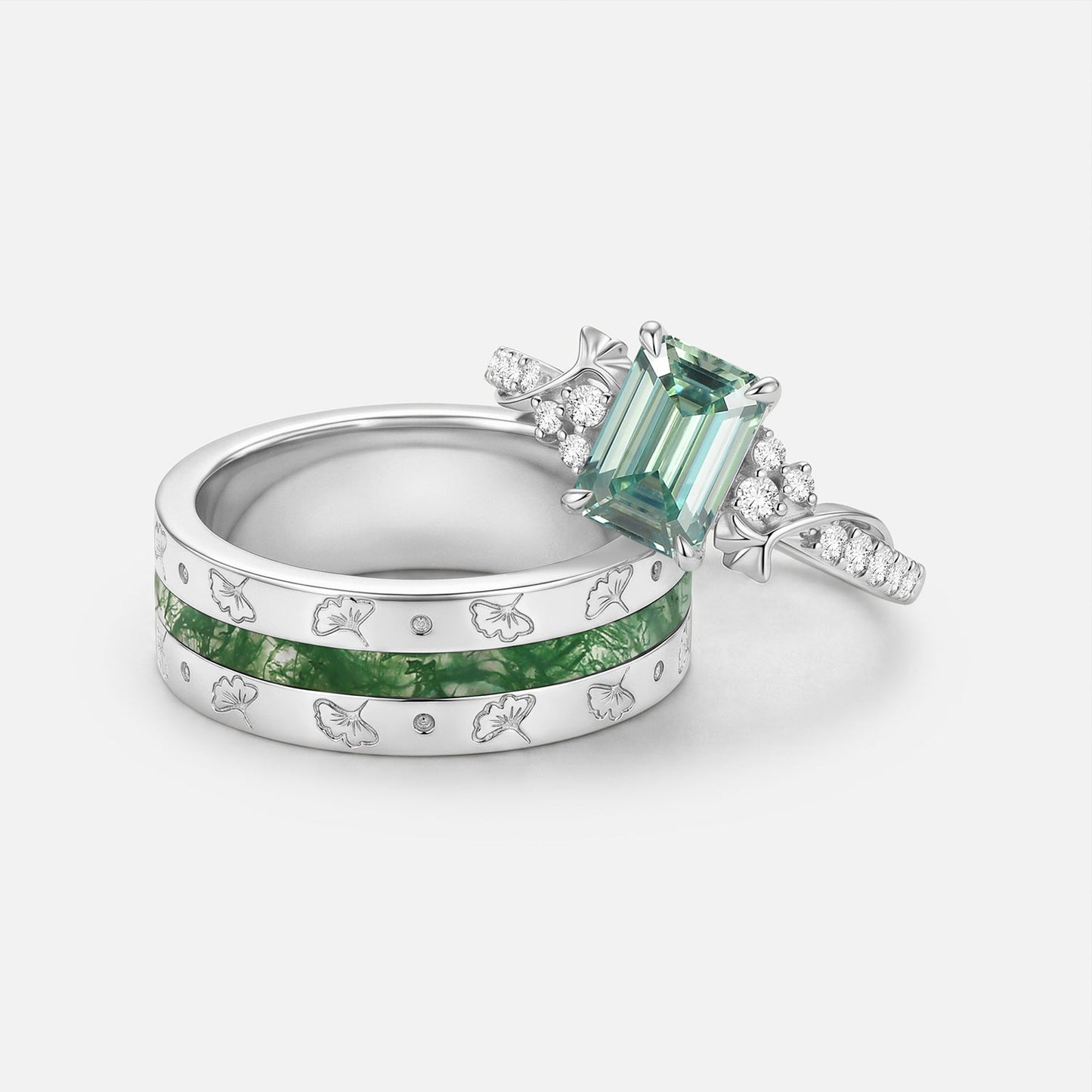 Luminous Reverie - Emerald Cut Green Moissanite Leaf Engraved Couple Ring Sets 2pcs - Novalie