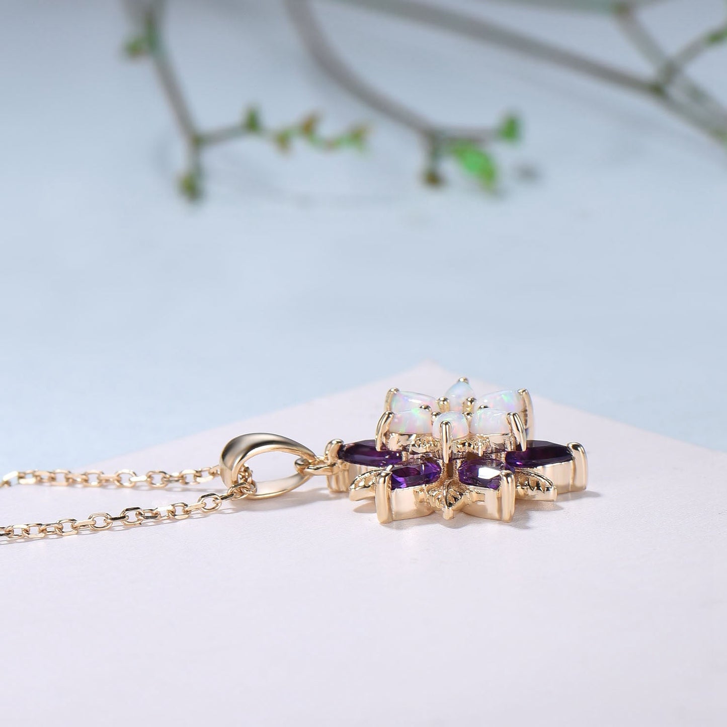 Unique Sunflower White Opal Amethyst Necklace Elegant Natural Inspired Double Halo Floral Pendant Leaf Vine Anniversary Promise Gift