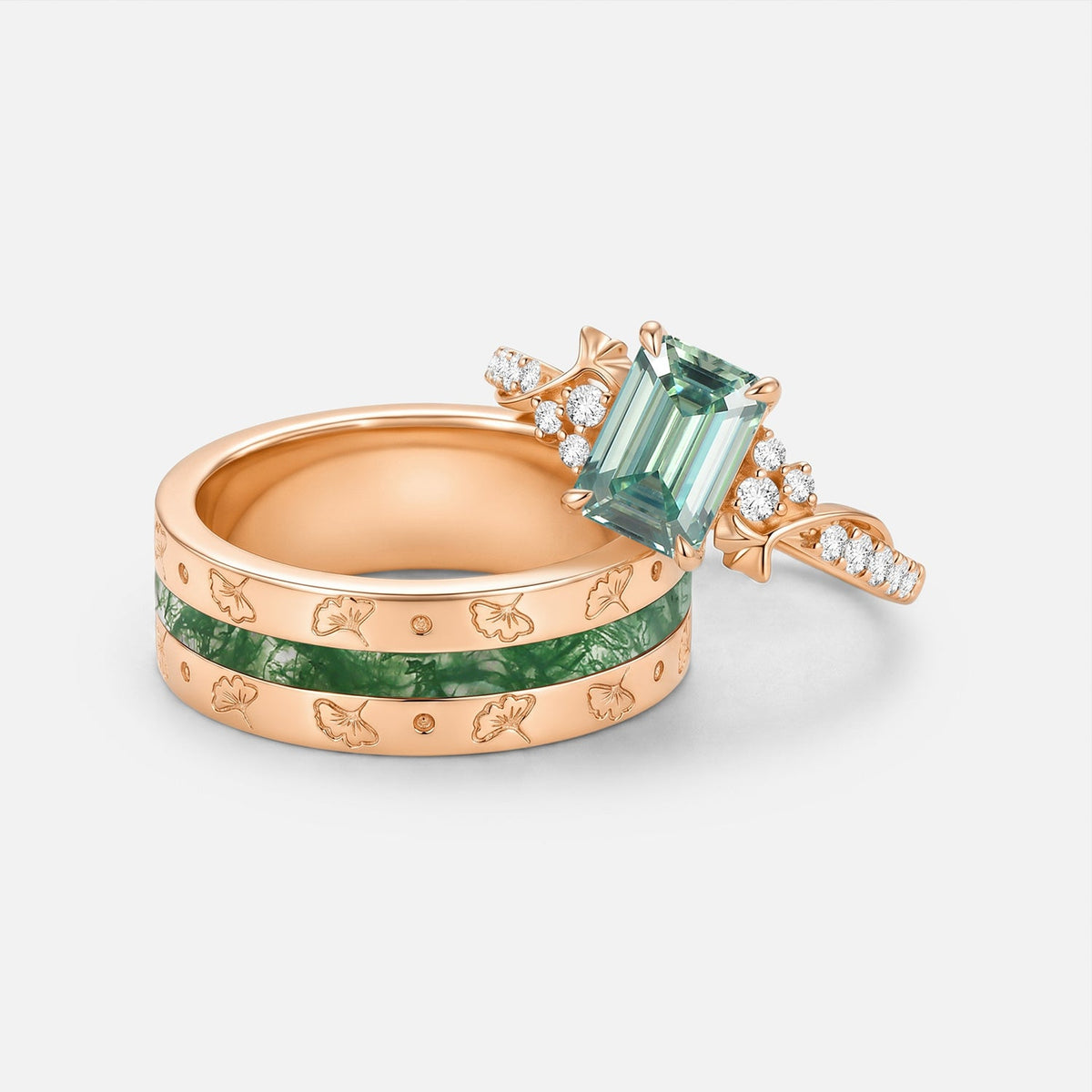Luminous Reverie - Emerald Cut Green Moissanite Leaf Engraved Couple Ring Sets 2pcs - Novalie