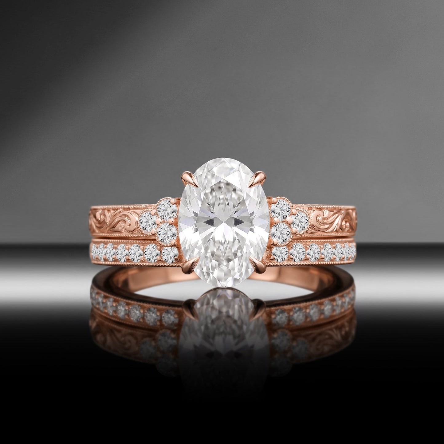 Vintage Art Deco Oval Cut Moissanite & Lab Diamond Cluster Engagement Ring Set 2pcs