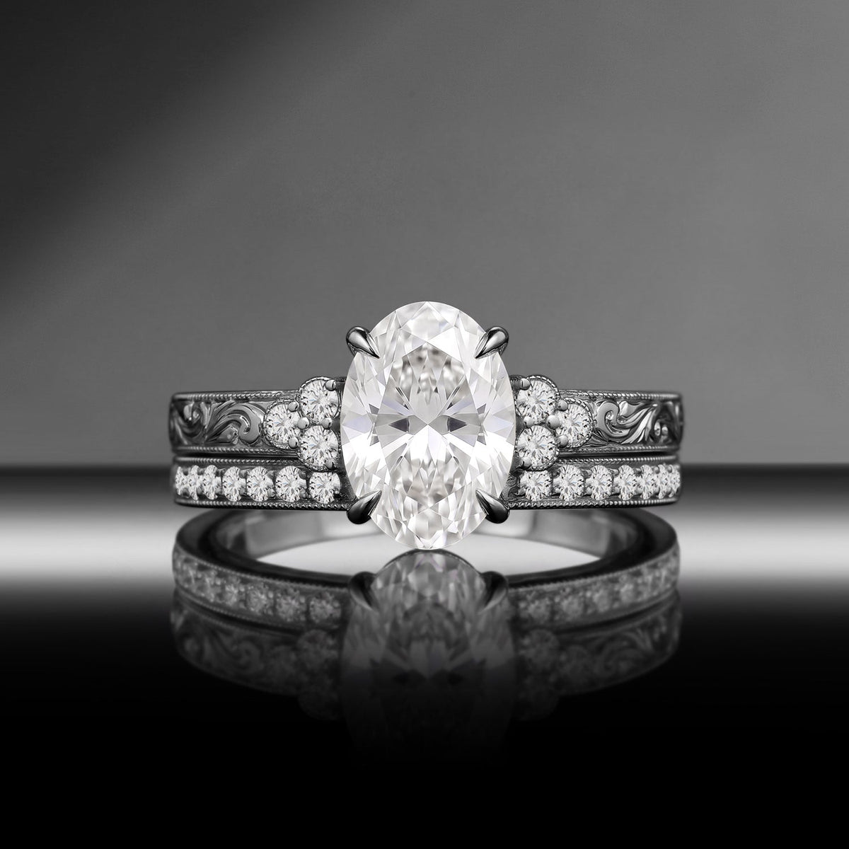 Vintage Art Deco Oval Cut Moissanite & Lab Diamond Cluster Engagement Ring Set 2pcs