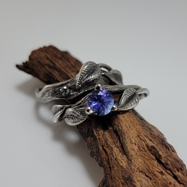Tanzanite Leaf Style Engagement Ring, Antique Finish