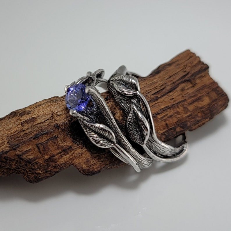 Tanzanite Leaf Style Engagement Ring, Antique Finish