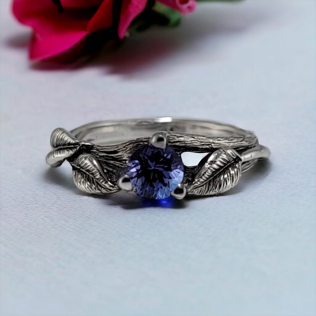 Tanzanite Leaf Style Engagement Ring, Antique Finish