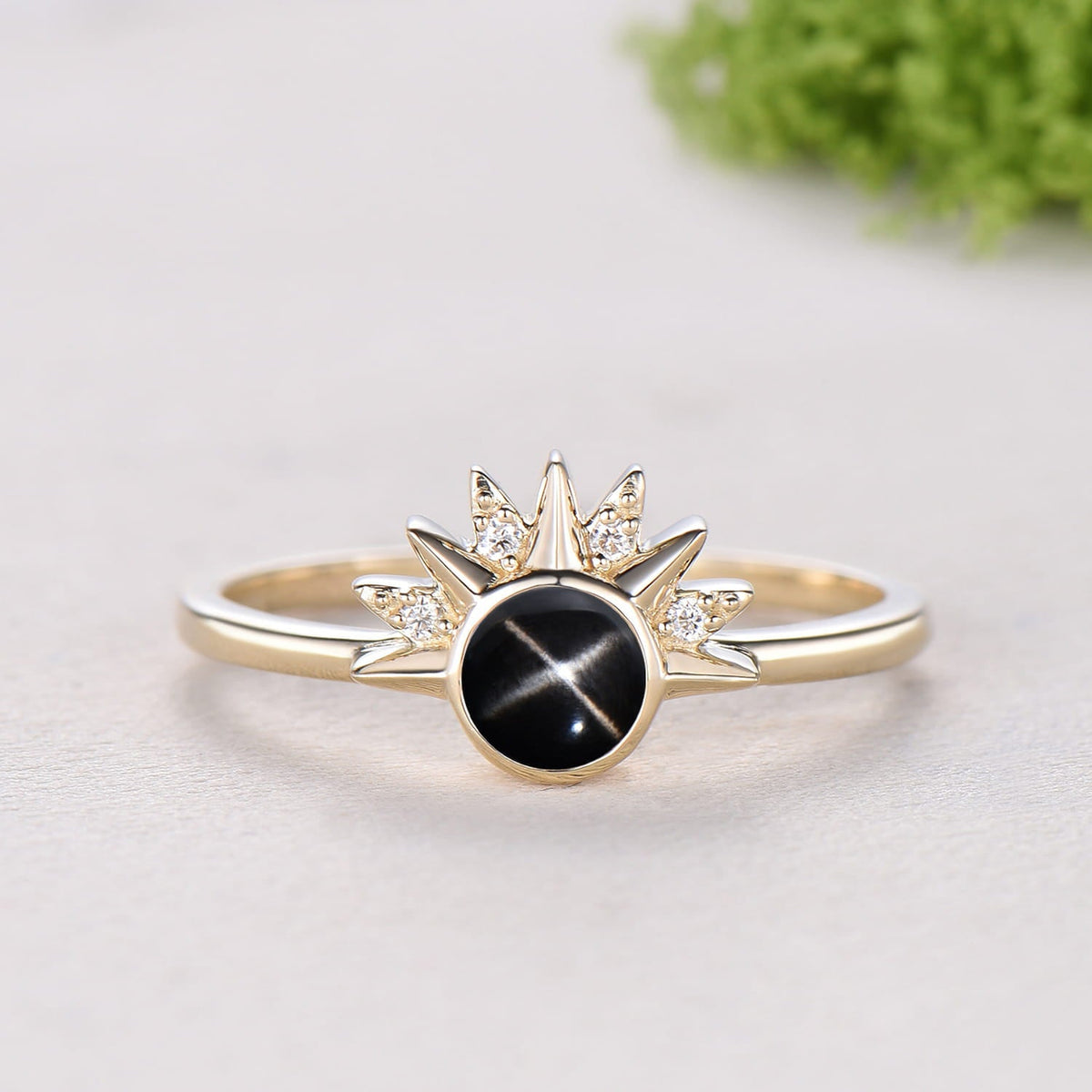 Sunflower Black Star Sapphire Engagement Ring Set, Galaxy Sun & Moon Bridal Set, Art Deco Star Spinel Moissanite Wedding Ring Set for Women