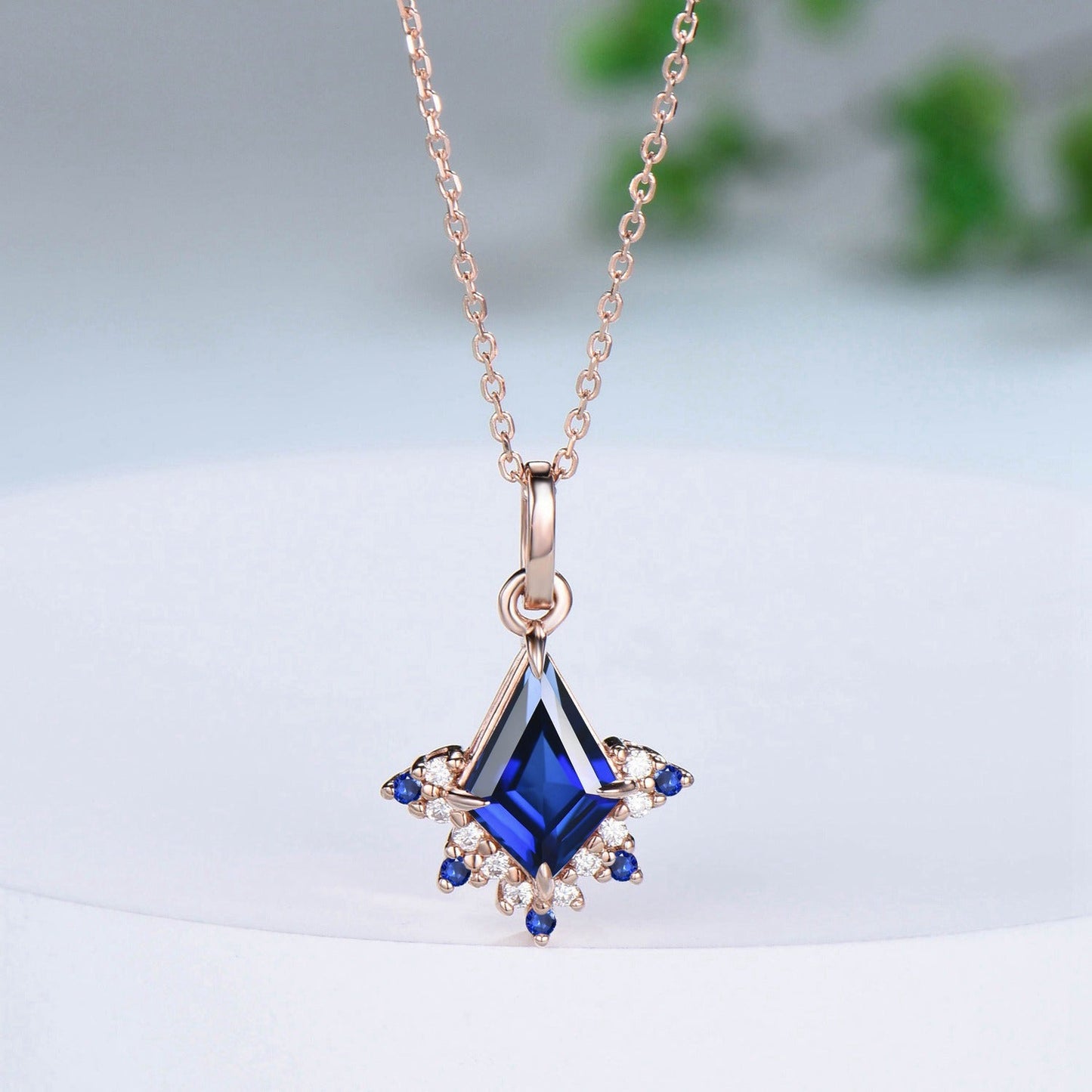 Vintage Kite Cut Blue Sapphire Necklace Retro Floral Pendant Silver 14k/18k rose gold cluster moissanite promise engagement gift for women