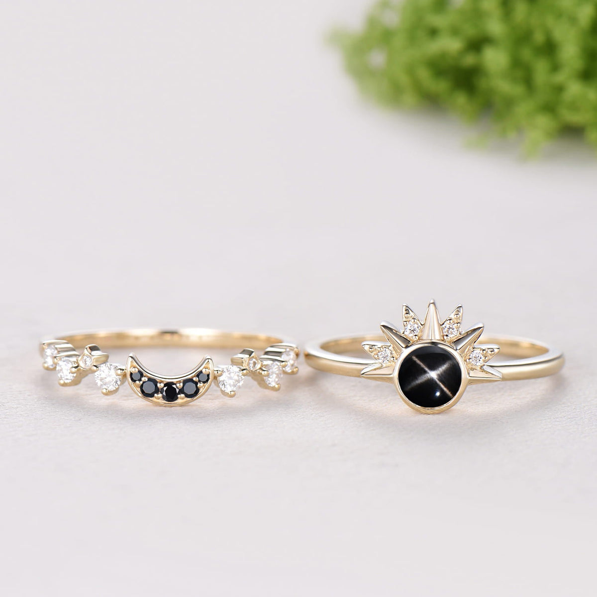Sunflower Black Star Sapphire Engagement Ring Set, Galaxy Sun & Moon Bridal Set, Art Deco Star Spinel Moissanite Wedding Ring Set for Women