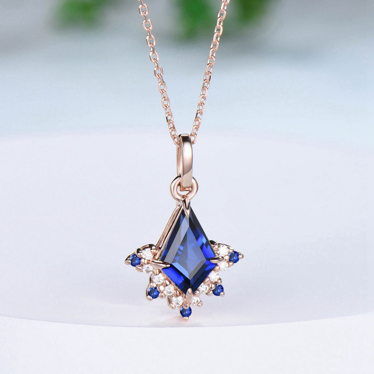 Vintage Kite Cut Blue Sapphire Necklace Retro Floral Pendant Silver 14k/18k rose gold cluster moissanite promise engagement gift for women
