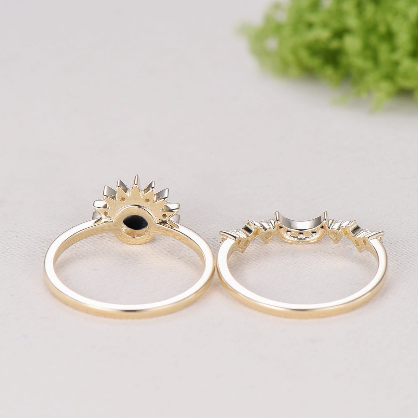 Sunflower Black Star Sapphire Engagement Ring Set, Galaxy Sun & Moon Bridal Set, Art Deco Star Spinel Moissanite Wedding Ring Set for Women