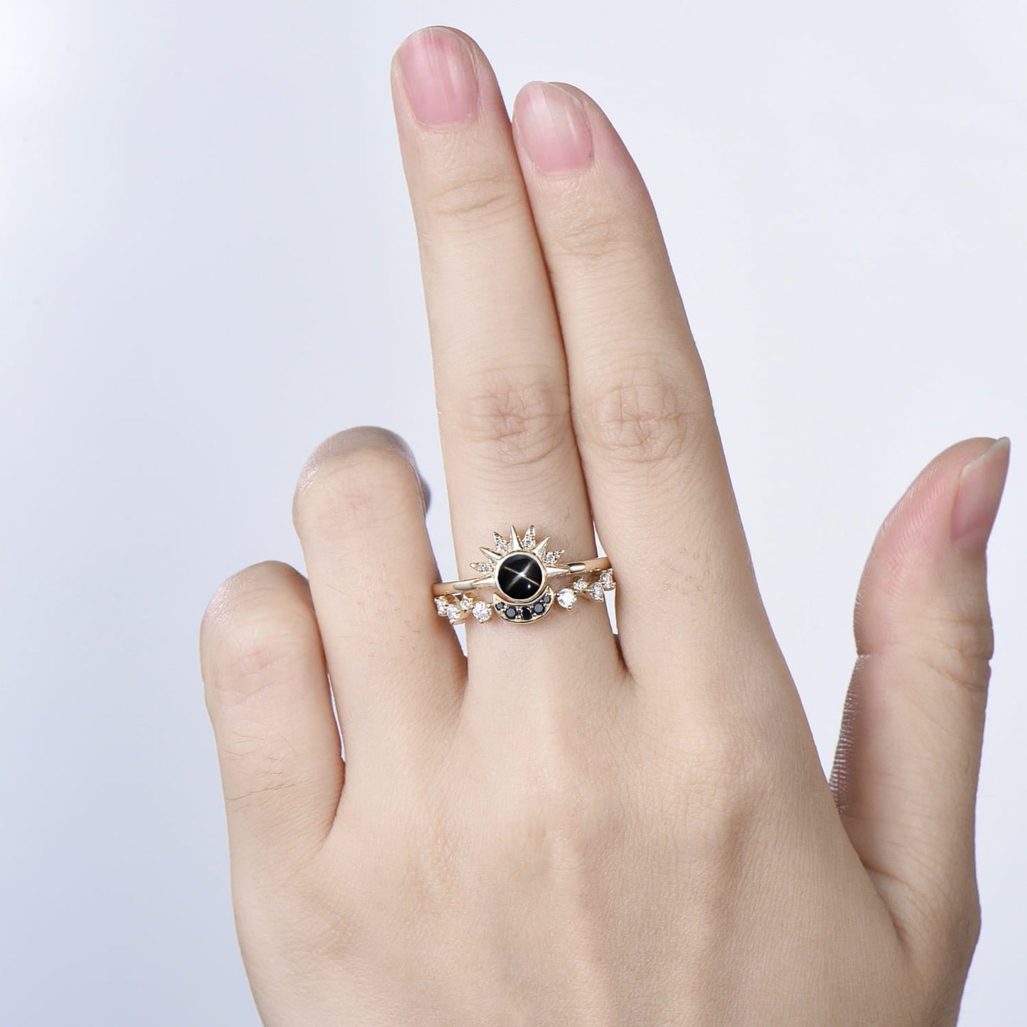 Sunflower Black Star Sapphire Engagement Ring Set, Galaxy Sun & Moon Bridal Set, Art Deco Star Spinel Moissanite Wedding Ring Set for Women