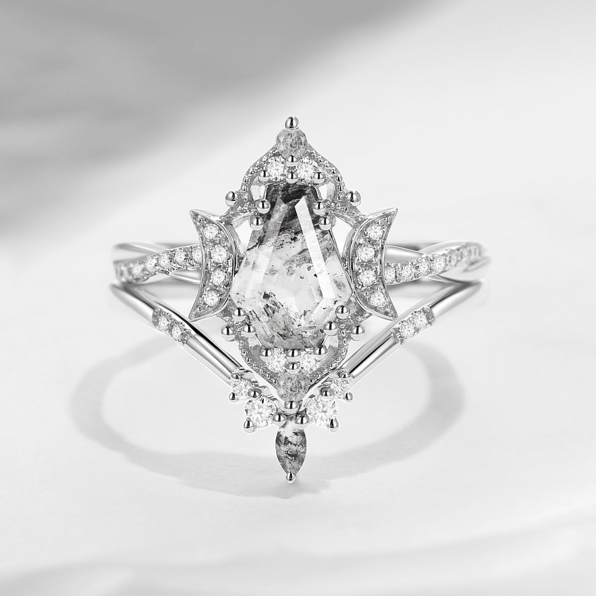 Crescent Moon | Vintage Inspired Infinity Coffin Herkimer Diamond Engagement Ring Set 2PCS - Alexandria