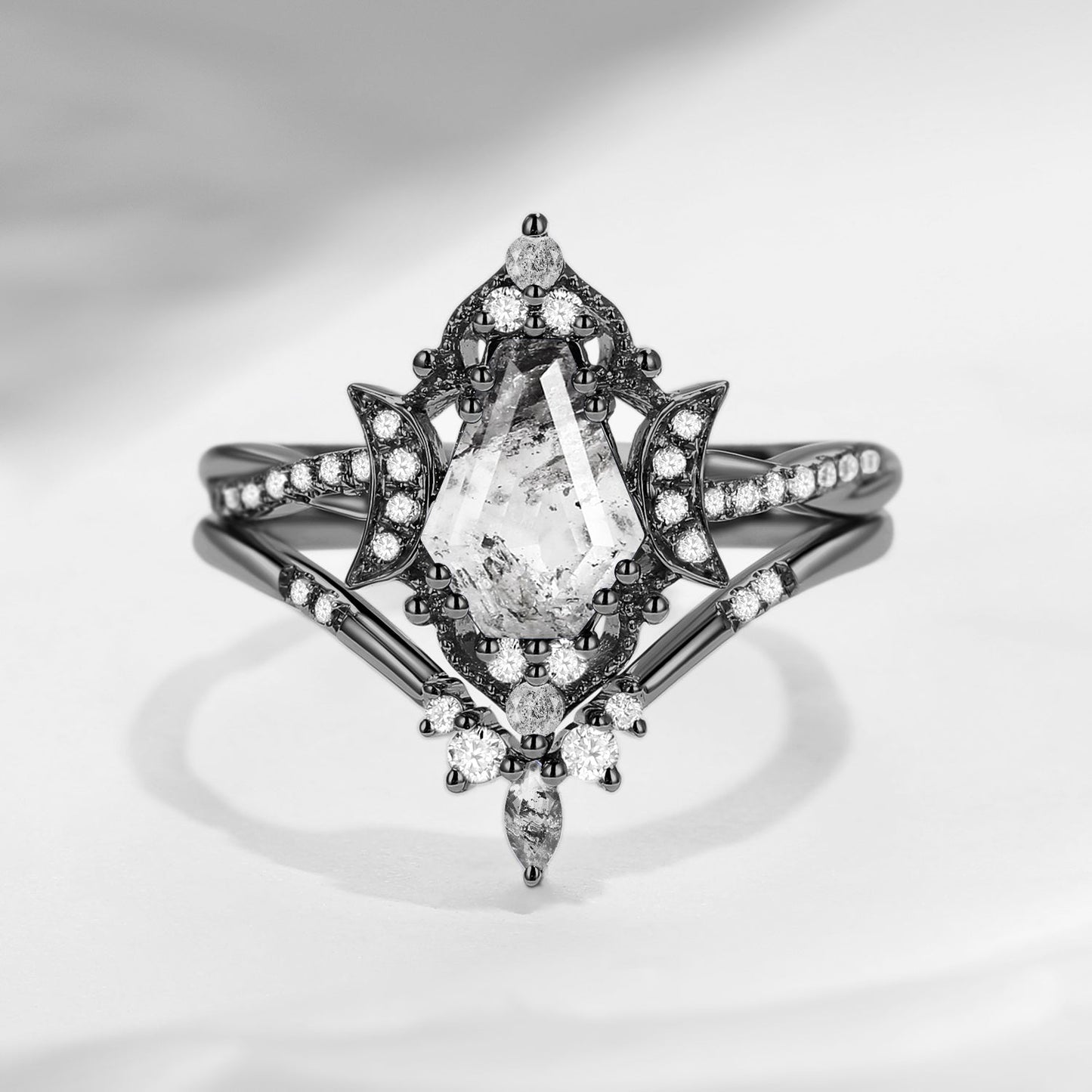 Crescent Moon | Vintage Inspired Infinity Coffin Herkimer Diamond Engagement Ring Set 2PCS - Alexandria