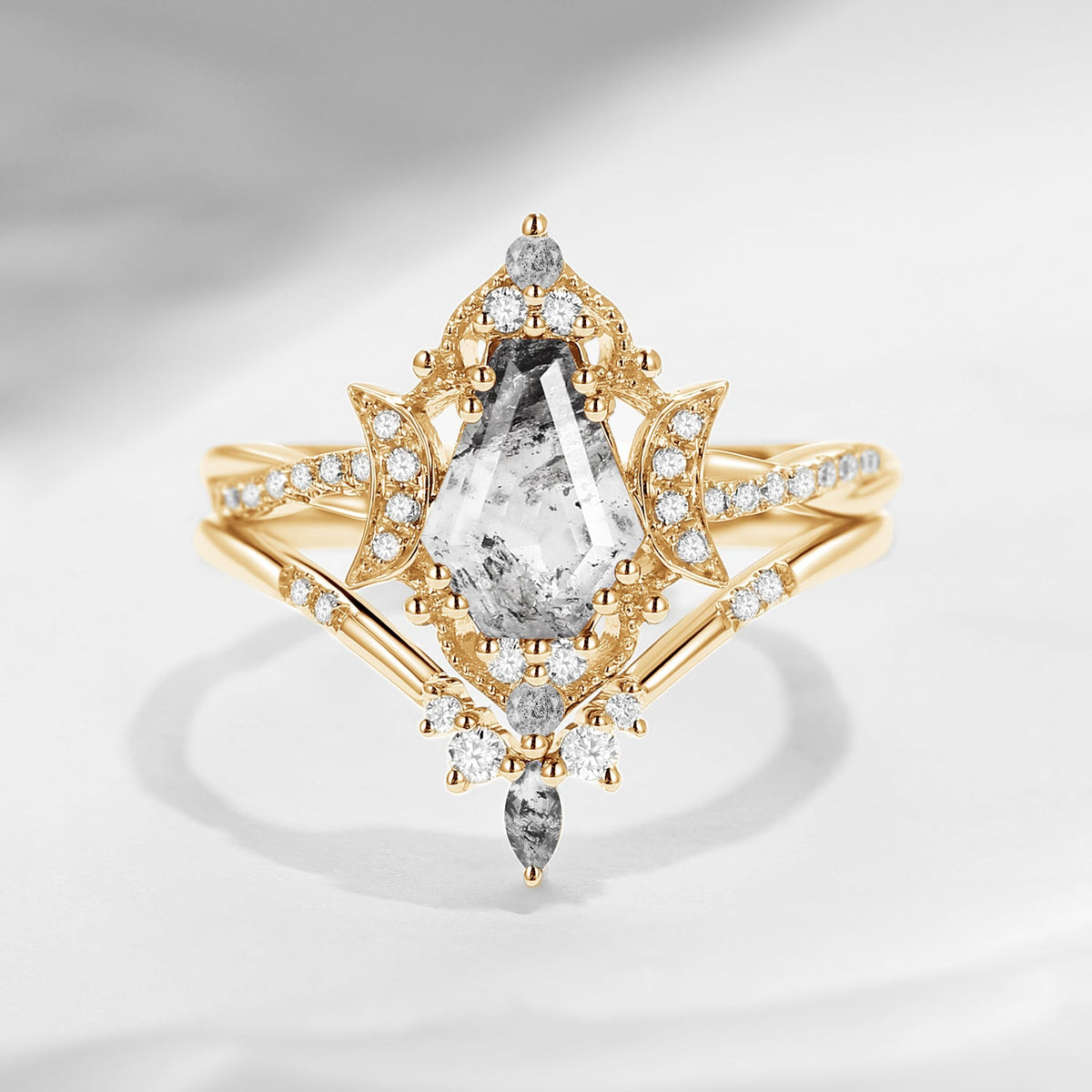Crescent Moon | Vintage Inspired Infinity Coffin Herkimer Diamond Engagement Ring Set 2PCS - Alexandria