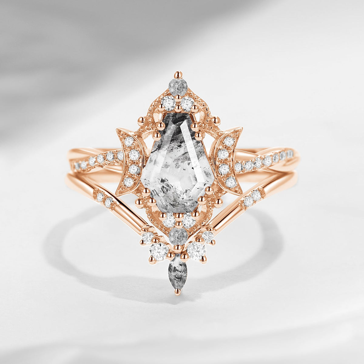 Crescent Moon | Vintage Inspired Infinity Coffin Herkimer Diamond Engagement Ring Set 2PCS - Alexandria