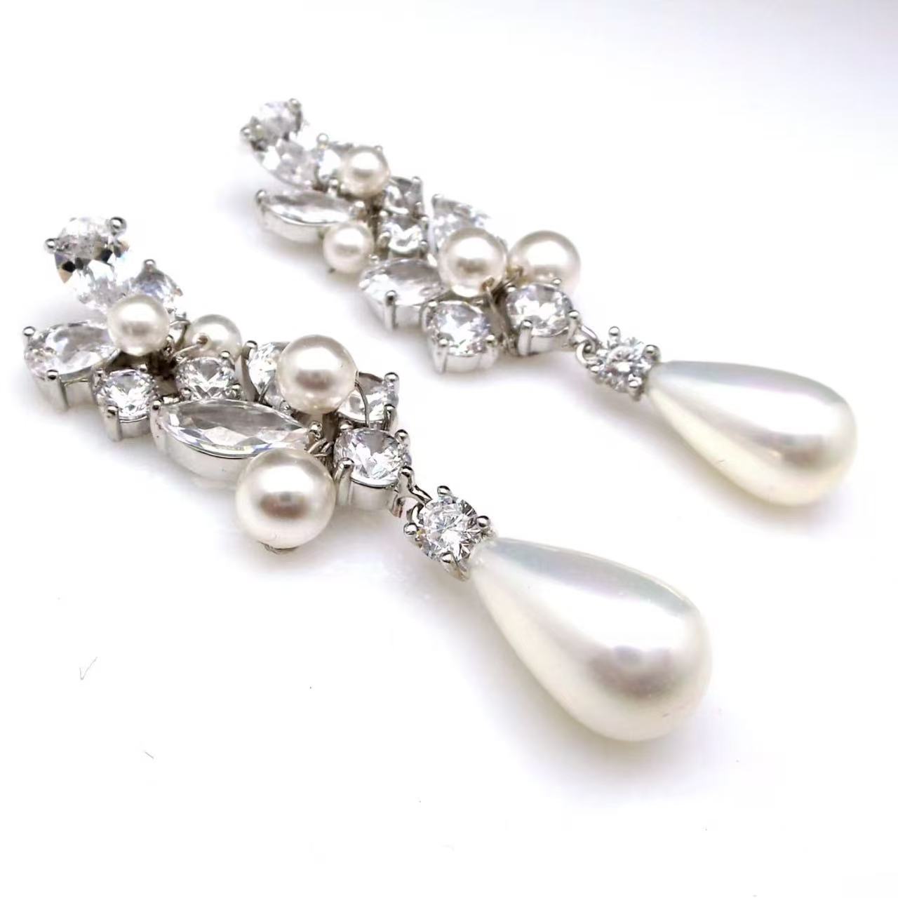 Moissanite & Natural Pearl Teardrop Dangle Bridal Wedding Earrings-Nivea