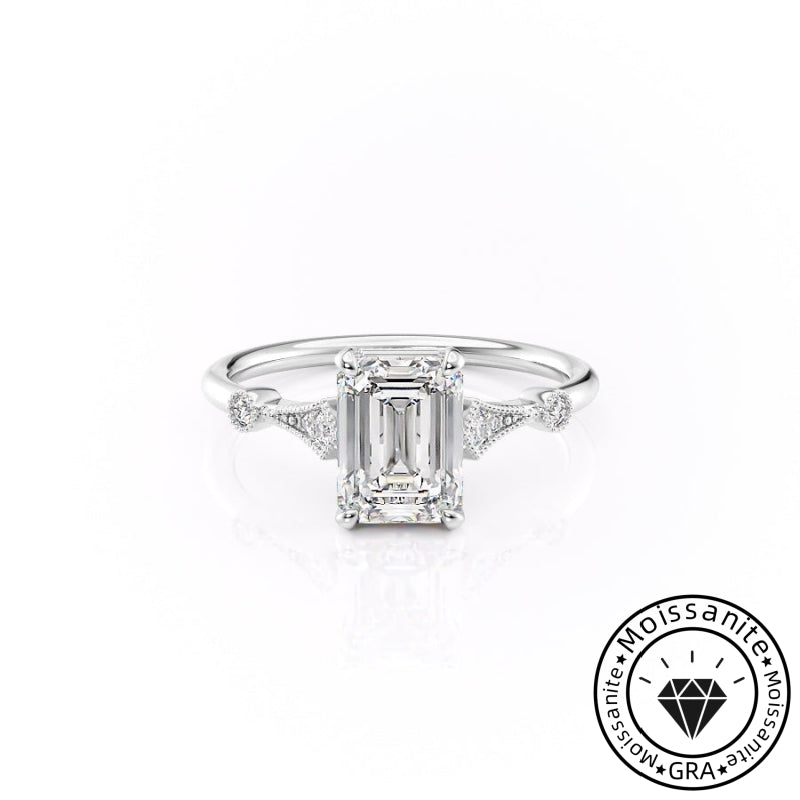 Minimalist Solarii Moissanite 2.0ct Emerald Cut 925 Sterling Silver Side Stone Engagement Ring