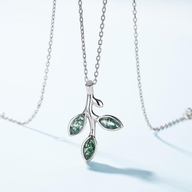 Moss Agate Leaf Branch Forest Necklace