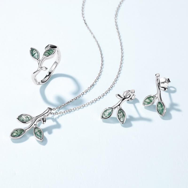 Moss Agate Leaf Branch Forest Necklace