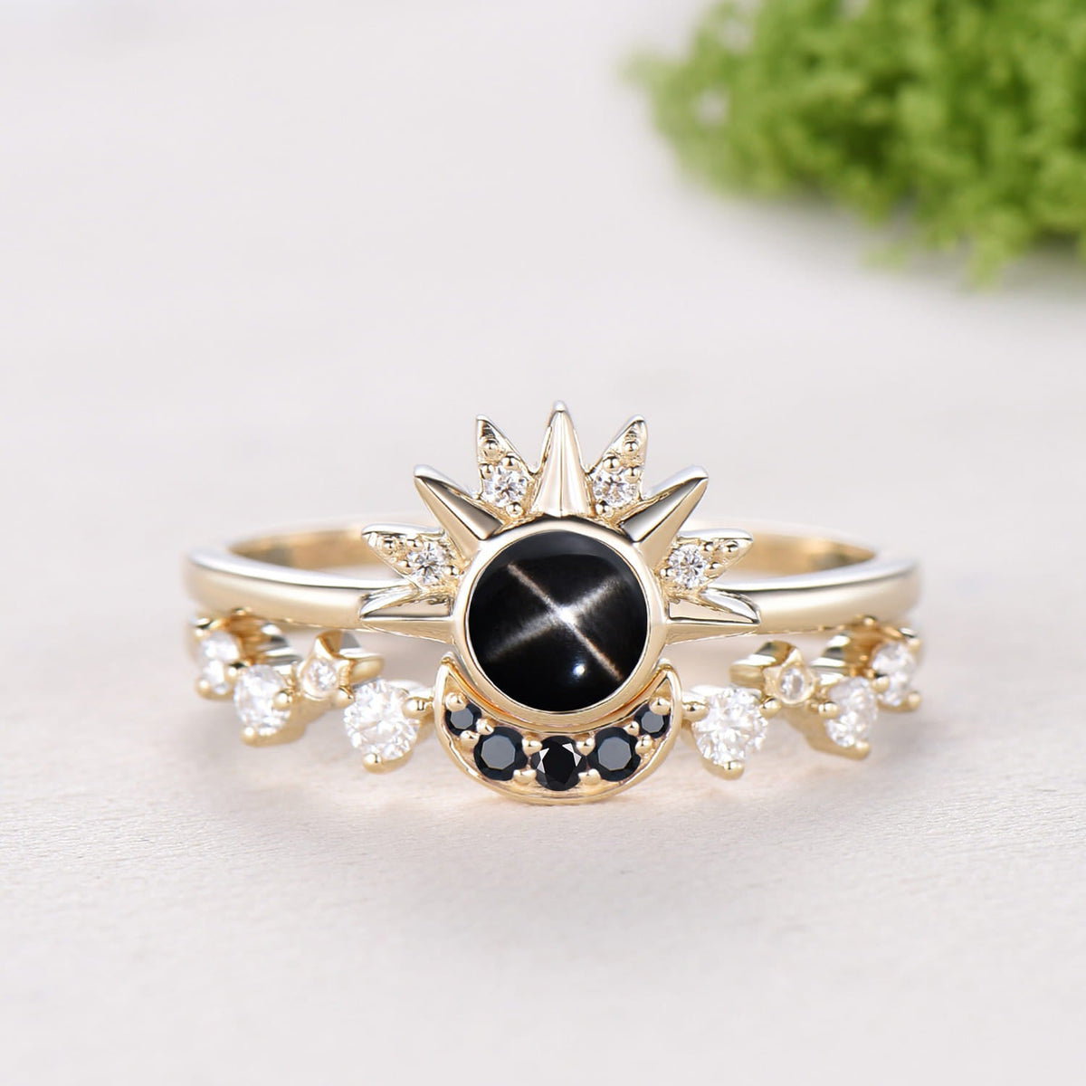 Sunflower Black Star Sapphire Engagement Ring Set, Galaxy Sun & Moon Bridal Set, Art Deco Star Spinel Moissanite Wedding Ring Set for Women