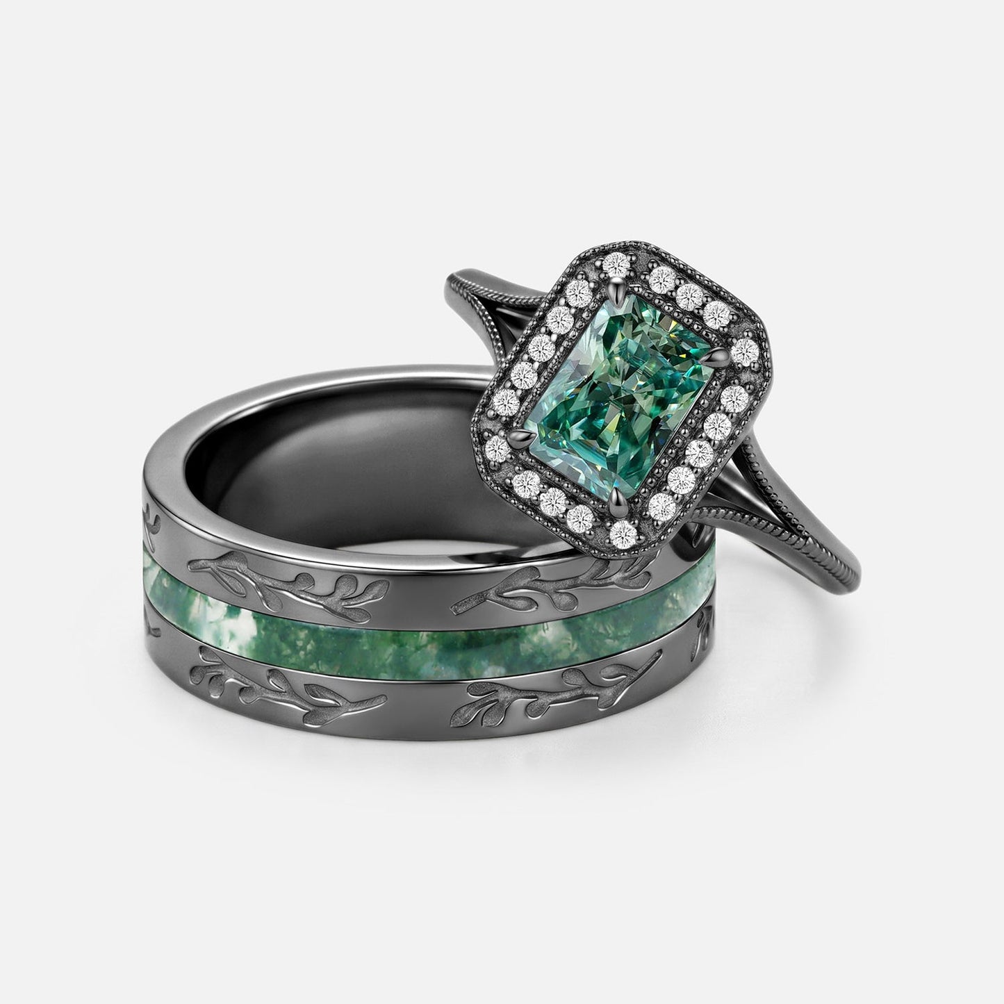 Luminous Reverie - Radiant Cut Green Moissanite Engraved Bezel Engagement Ring Sets 2pcs - Cypress