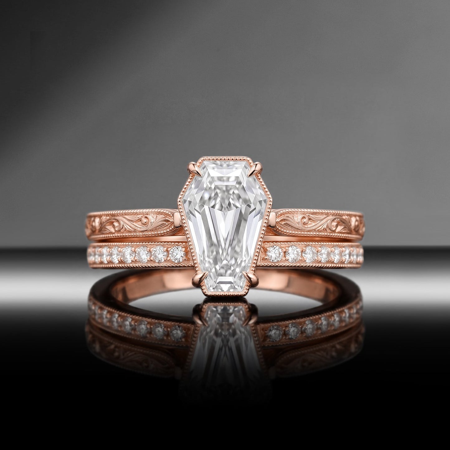 Antique Bezel Coffin Moissanite & Lab Diamond Art Deco Milgrain Engagement Ring Set 2pcs