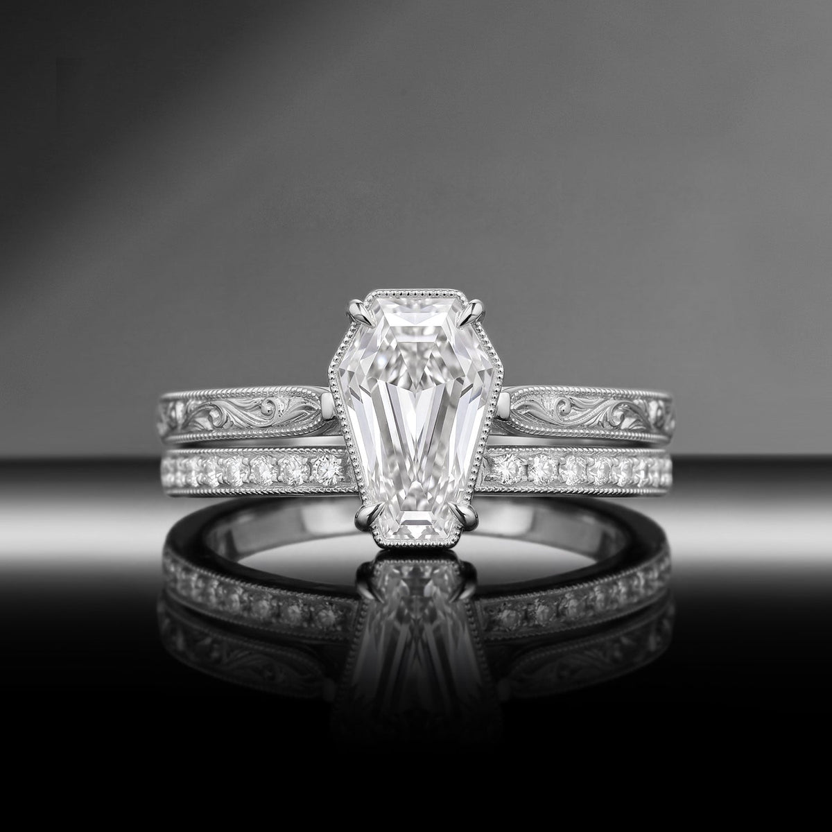 Antique Bezel Coffin Moissanite & Lab Diamond Art Deco Milgrain Engagement Ring Set 2pcs