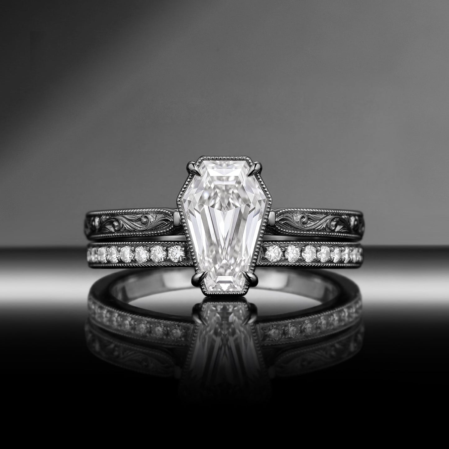 Antique Bezel Coffin Moissanite & Lab Diamond Art Deco Milgrain Engagement Ring Set 2pcs