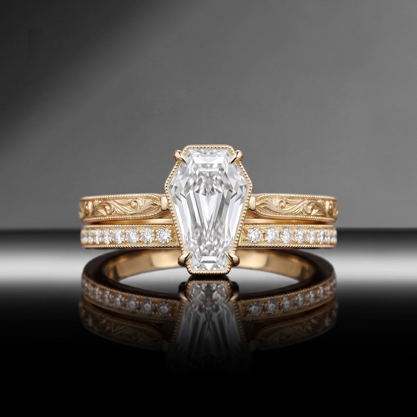Antique Bezel Coffin Moissanite & Lab Diamond Art Deco Milgrain Engagement Ring Set 2pcs