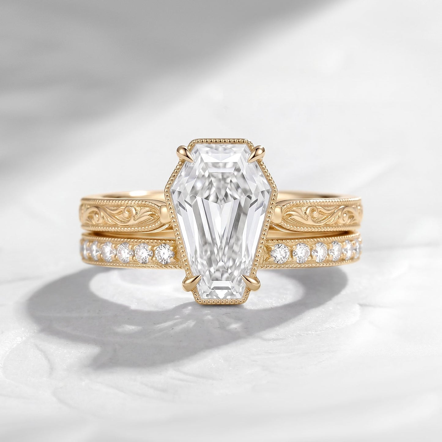 Antique Bezel Coffin Moissanite & Lab Diamond Art Deco Milgrain Engagement Ring Set 2pcs