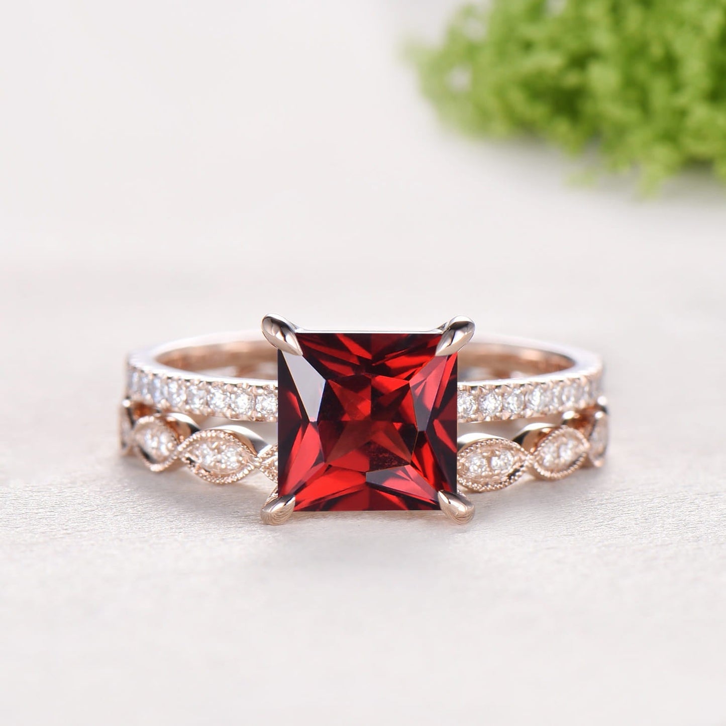 Vintage Princess Cut Natural Garnet Engagement Ring Set, 14K Rose Gold Pave Band Wedding Ring Set, Art Deco Diamond Marquise Stacking Ring
