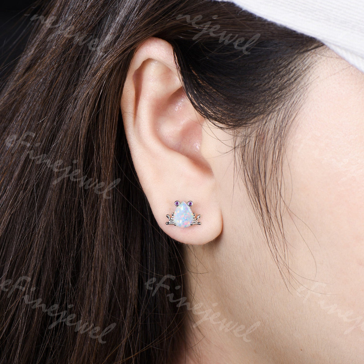 Pear Shaped White Opal Frog Jewelry Set Silver Animal Inspired Amethyst Ring Necklace Stud Earrings (Copy)
