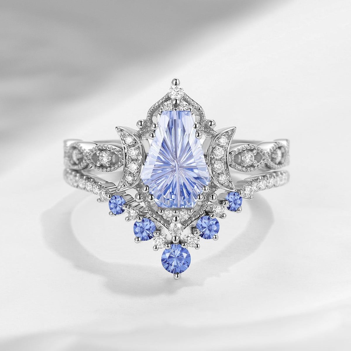 'Till Death Do Us Part' - Fantasy Cut Gems Coffin Lab Cornflower Sapphire Crescent Moon Ring Set