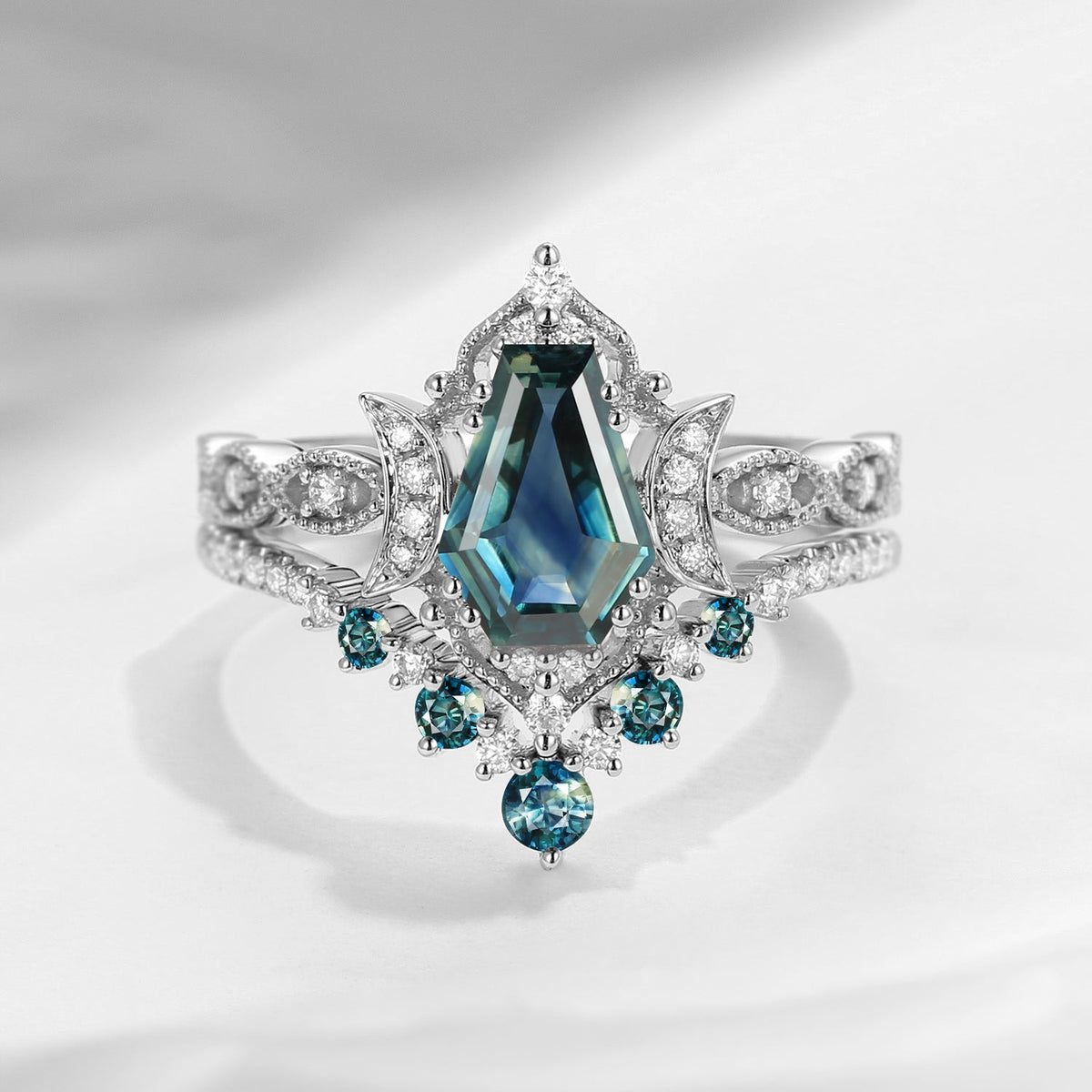 'Till Death Do Us Part' - Unique Coffin Cut Natural Teal Sapphire Crescent Moon Engagement Ring Set